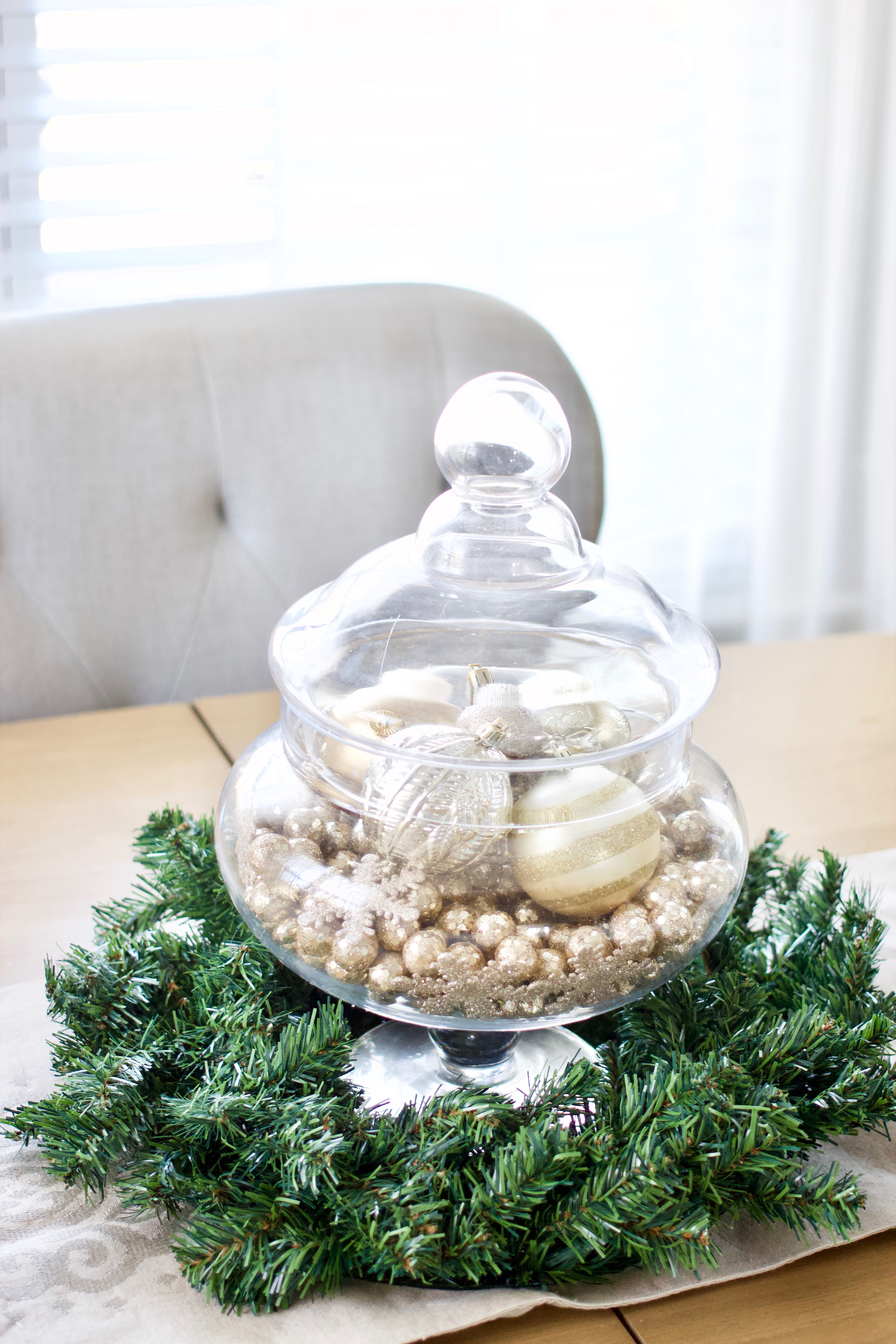 ornaments and wreath in dining room centerpiece