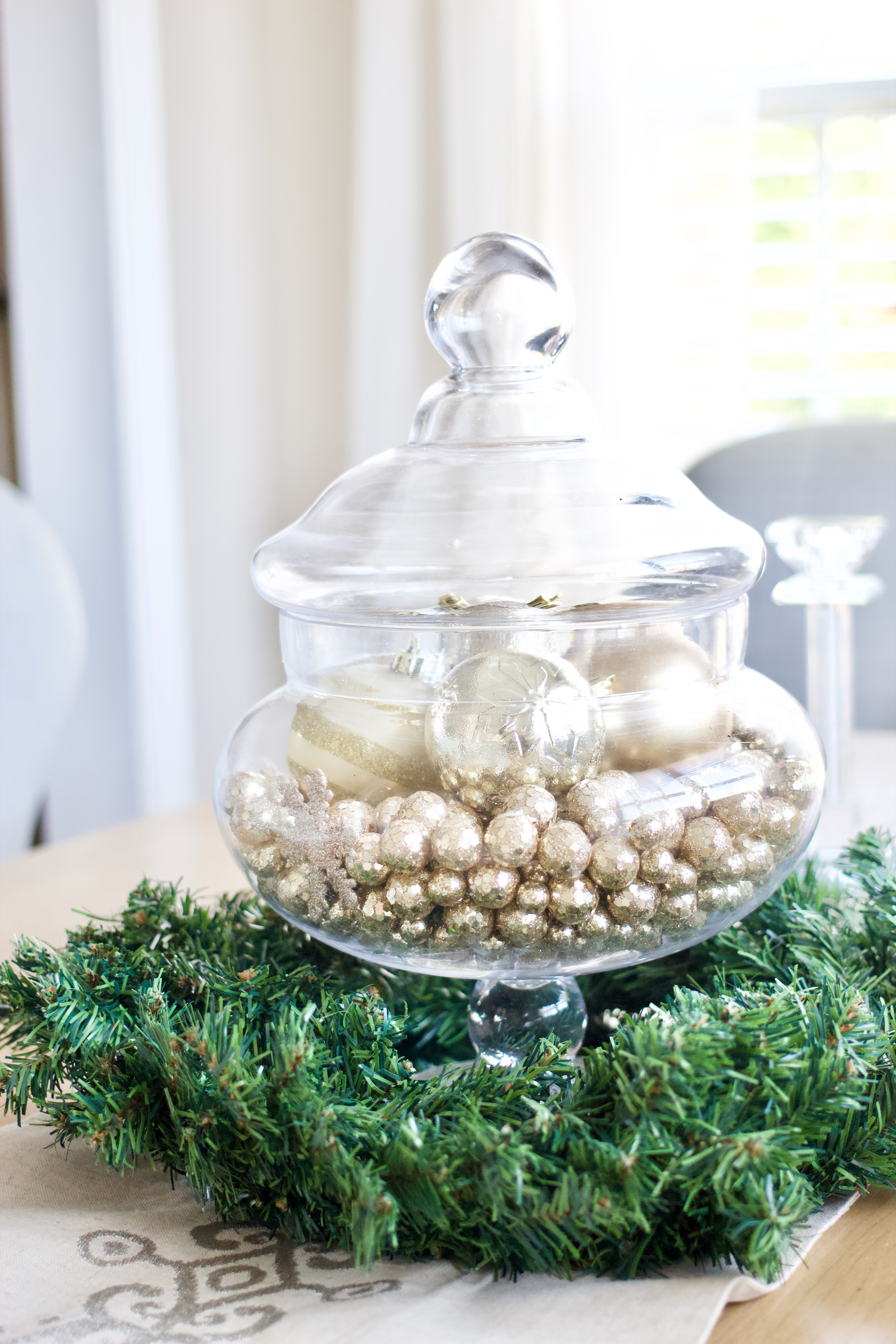 ornaments in apothecary jar dining room